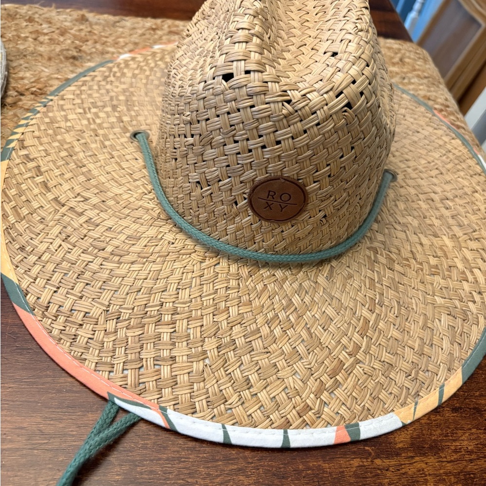 Roxy Straw Sun Hat with Teal Cord and Patterned Edge - Picture 2 of 5